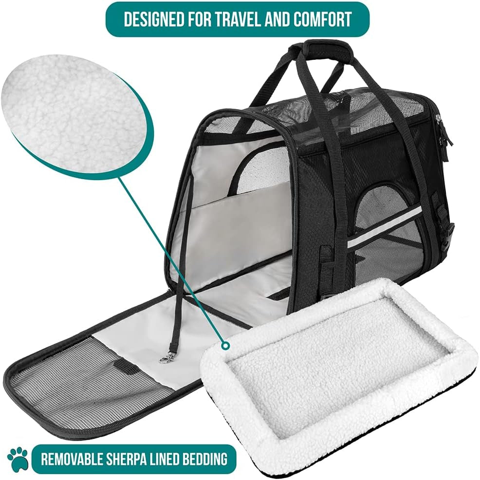 Airline Approved Pet Carrier for Cat, Soft Sided Dog Carrier for Small Dogs, Cat Travel Supplies Accessories for Indoor Cats, Ventilated Pet Carrying Bag Medium Large Kitten Puppy, Large Black